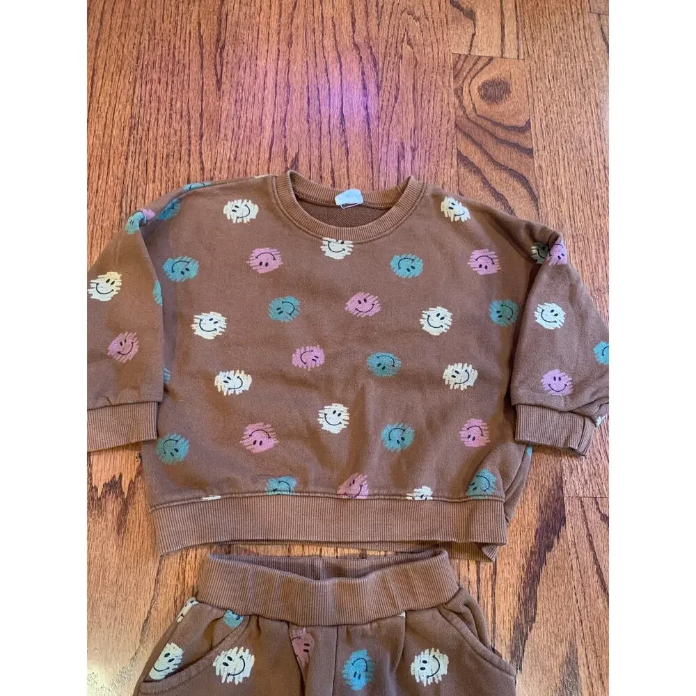 Smitn Bebe Scribble Happy Face Cotton Matching Sweatsuit Set | Brown | Small
